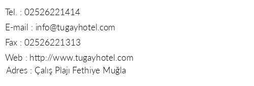 Tugay Hotel telefon numaralar, faks, e-mail, posta adresi ve iletiim bilgileri